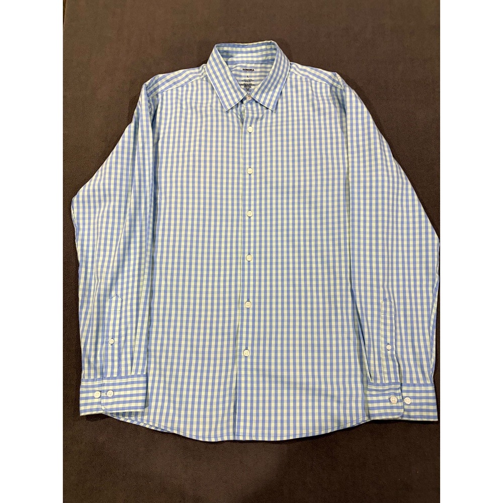Sonoma Shirt Mens Large Gray Gingham Check Performance Stretch Pleated Button Up